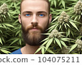 A young bearded man standing in the hemp field of plants. Generative Ai 104075211
