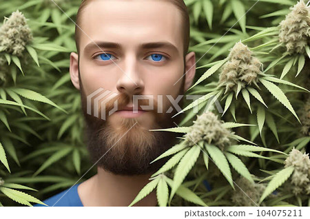 A young bearded man standing in the hemp field of plants. Generative Ai 104075211
