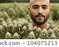 A young bearded man standing in the hemp field of plants. Generative Ai 104075213