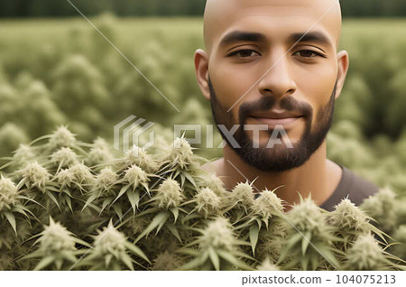 A young bearded man standing in the hemp field of plants. Generative Ai 104075213