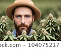 A young bearded man standing in the hemp field of plants. Generative Ai 104075217