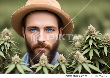 A young bearded man standing in the hemp field of plants. Generative Ai 104075217