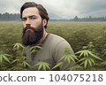 A young bearded man standing in the hemp field of plants. Generative Ai 104075218