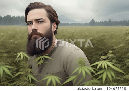 A young bearded man standing in the hemp field of plants. Generative Ai 104075218