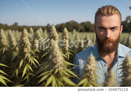 A young bearded man standing in the hemp field of plants. Generative Ai 104075219