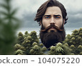 A young bearded man standing in the hemp field of plants. Generative Ai 104075220