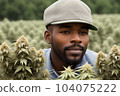 A young bearded man standing in the hemp field of plants. Generative Ai 104075222