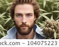 A young bearded man standing in the hemp field of plants. Generative Ai 104075223