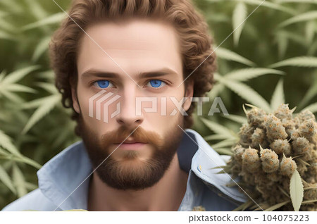 A young bearded man standing in the hemp field of plants. Generative Ai 104075223