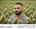 A young bearded man standing in the hemp field of plants. Generative Ai 104075224