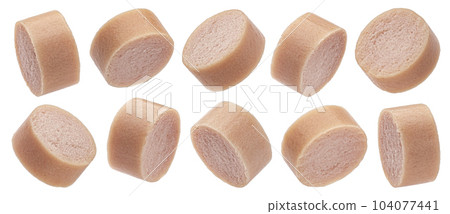 Sausage slices isolated on white background, full depth of field 104077441