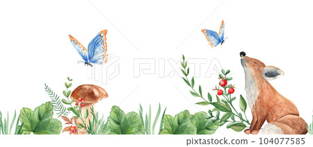 Horizontal watercolor forest seamless border pattern. Baby fox, porcini mushrooms, green leaves and branches, red berries, blue butterfly. Hand drawn botanical illustration. Can be used for fabric 104077585