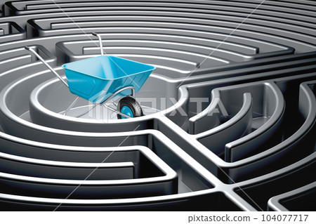 Garden wheelbarrow inside dark labyrinth, 3D rendering 104077717