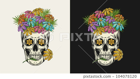 Human skull like cup full of chamomile flowers. Skull holding flower between teeth. Groovy hippie retro style Front view illustration in vintage style. 104078120