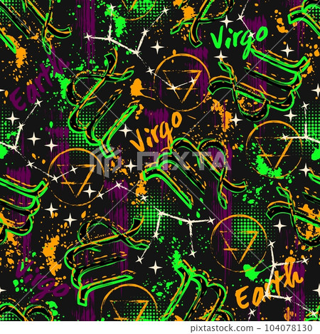 Seamless pattern with zodiac sign Virgo, constellation, text, paint splatter, brush strokes, alchemical triangle symbol of earth element Grunge style for sport goods, prints, clothing, t shirt design 104078130