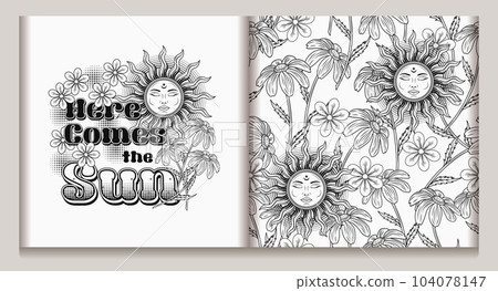 Summer black and white label, pattern with sun with face, chamomile, halftone, text. Positive, peaceful concept. Groovy, hippie retro style. For clothing, apparel, T-shirts, surface decoration 104078147