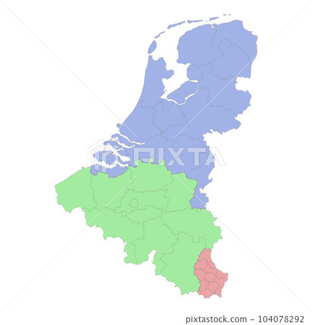 High quality political map of Belgium and Netherlands with borders of the regions or provinces 104078292