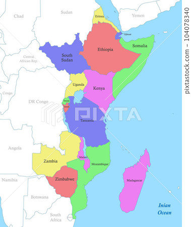 map of Eastern Africa with borders of the states. 104078340
