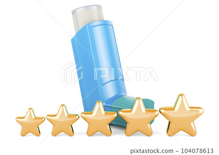 Metered-dose inhaler, MDI with five golden stars. 3D rendering Metered-dose inhaler, MDI with five golden stars. 3D rendering 104078613
