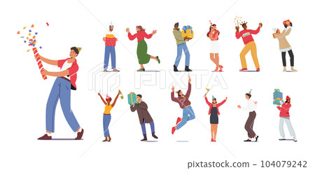 Set of Lively Gathering Of Characters, Joyfully Celebrating, Dancing, And Socializing Together In A Vibrant Atmosphere 104079242