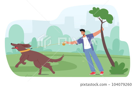 Leash Pulling, Common Behavior Problem Where A Dog Forcefully Pulls Their Owner Characters On A Leash 104079260