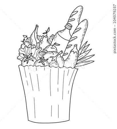 Paper bag with products. Vector illustration. outline sketch. Eco bag with food - vegetables, fruits, oil bottle and baguette. Ecology concept and recycling, grocery shopping and delivery. 104079287