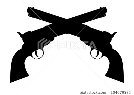 Old west crossed revolver gun emblem. Crossed muzzleloader revolver silhouette. Old west crossed revolver gun emblem. Crossed muzzleloader revolver silhouette. 104079583
