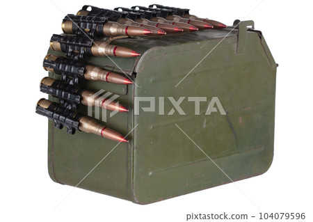 Ammo box with ammunition belt and 12.7mm cartridges for heavy machine gun. 104079596