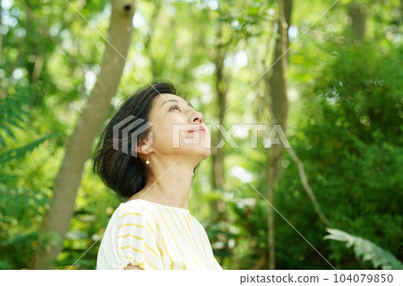 清爽的中年婦女,頭髮在綠色中隨風飄揚 清爽的中年婦女,頭髮在綠色中隨風飄揚 104079850