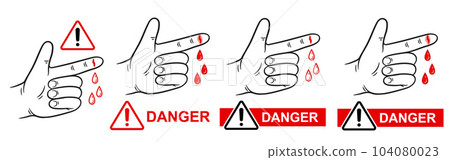 Hand finger cut injury risk warning, skin hurt wound with blood drops, danger sharp machine equipment line icon. Prevent human arm wrist bleeding body trauma. Attention be careful with tool vector 104080023