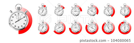 Realistic classic stopwatch. Shiny metal chronometer, time counter with dial. Red countdown timer showing minutes and seconds. Time measurement for sport, start and finish. Vector illustration 104080065
