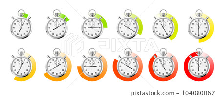 Realistic classic stopwatch. Shiny metal chronometer, time counter with dial. Colorful countdown timer showing minutes and seconds. Time measurement for sport, start and finish. Vector illustration 104080067