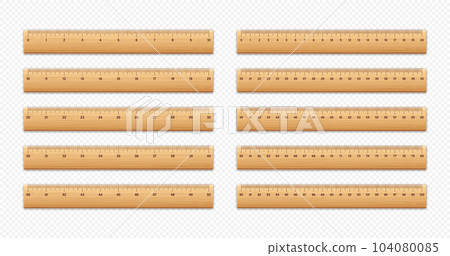 Realistic various wooden rulers with measurement scale and divisions, measure marks. School ruler, centimeter and inch scale for length measuring. Office supplies. Vector illustration 104080085