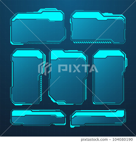 Blue futuristic HUD or UI elements. Sci-fi user interface text boxes, callouts. Warning message frames, information boxes template. Modern game interface layout in digital style. Vector illustration 104080190