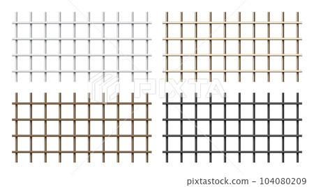 Realistic shiny metal prison bars isolated on white background. Detailed jail cage, prison iron fence. Criminal background mockup. Vector illustration 104080209