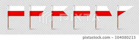 Polish toothpick flags. Souvenir from Poland. Wooden toothpicks with paper flag. Location mark, map pointer. Blank mockup for advertising and promotions. Vector illustration Polish toothpick flags. Souvenir from Poland. Wooden toothpicks with paper flag. Location mark, map pointer. Blank mockup for advertising and promotions. Vector illustration 104080213