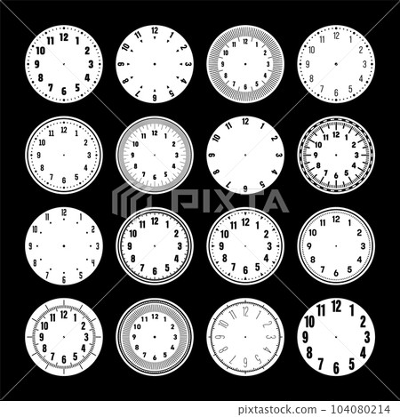 Mechanical clock faces, watch dial with numerals, bezel. Timer or stopwatch element with minute, hour marks and numbers. Blank measuring circle scale with divisions. Vector illustration Mechanical clock faces, watch dial with numerals, bezel. Timer or stopwatch element with minute, hour marks and numbers. Blank measuring circle scale with divisions. Vector illustration 104080214