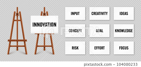 Realistic paint desk with text on white canvas. Wooden easel and a sheet of drawing paper. Presentation board on a tripod. Innovation, creativity and creative ideas. Vector illustration 104080233