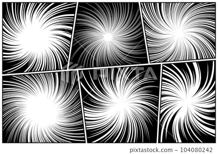 Twisted comic book radial rays, lines. Comics background with motion, speed lines. Pop art style elements. Vector illustration Twisted comic book radial rays, lines. Comics background with motion, speed lines. Pop art style elements. Vector illustration 104080242