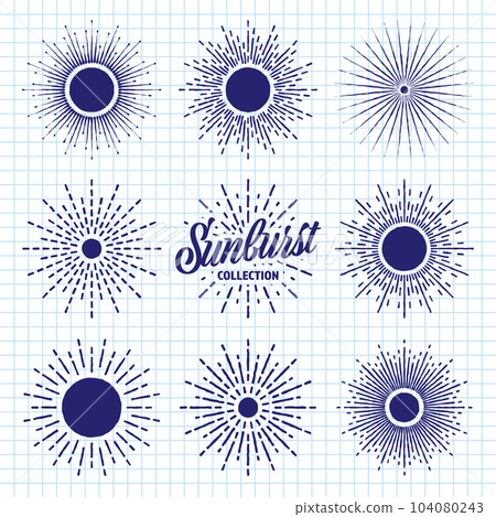 Hand drawn vintage sunburst, sunset beams on checkered paper sheet. Bursting sun, light rays. Logotype or lettering design element in retro style. School notebook for drawing. Vector illustration 104080243