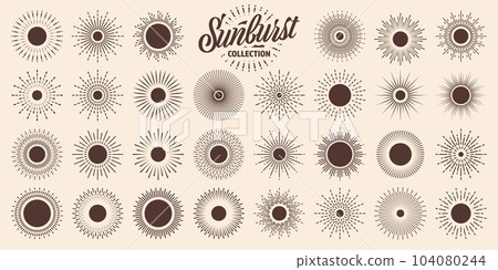 Vintage sunburst, sunset beams collection. Hand drawn bursting sun, light rays. Logotype or lettering design element in retro style. Vector illustration 104080244