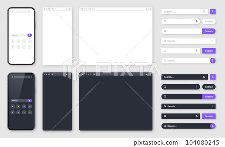 Smartphone, blank internet browser window with various search bars. Web site engine with search box, address bar and text field. UI design, website interface. Dark, light modes. Vector illustration 104080245