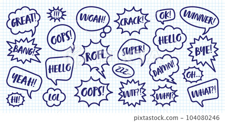 Hand drawn comic speech bubbles on checkered paper sheet. School notebook for drawing. Simple retro cartoon stickers. Chatting, message box. Vector illustration 104080246