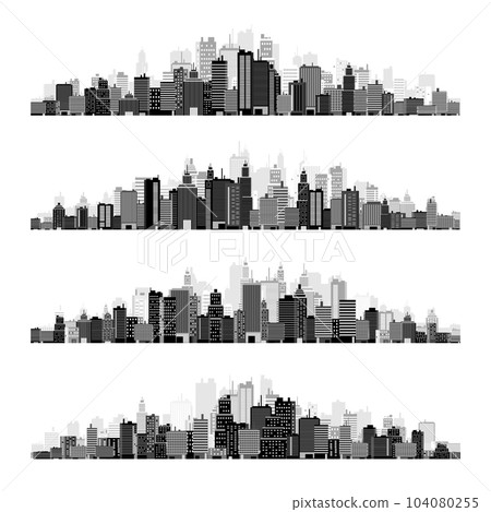 City silhouettes. Cityscape, town skyline, horizontal panorama. Midtown, downtown with various buildings, houses and skyscrapers. Vector illustration City silhouettes. Cityscape, town skyline, horizontal panorama. Midtown, downtown with various buildings, houses and skyscrapers. Vector illustration 104080255