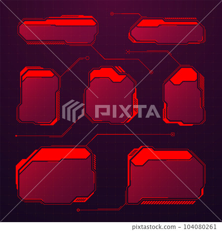 Red futuristic HUD or UI elements. Sci-fi user interface text boxes, callouts. Warning message frames, information boxes template. Modern game interface layout in digital style. Vector illustration 104080261