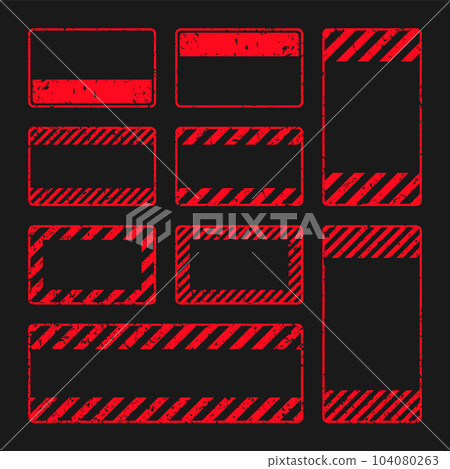 Various red grunge warning signs with diagonal lines. Old attention, danger or caution sign, construction site signage. Realistic notice signboard, warning banner, road shield. Vector illustration 104080263