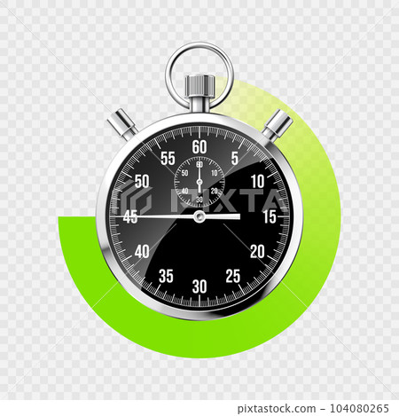 Realistic classic stopwatch. Shiny metal chronometer, black time counter with dial. Green countdown timer showing minutes, seconds. Time measurement for sport, start and finish. Vector illustration 104080265