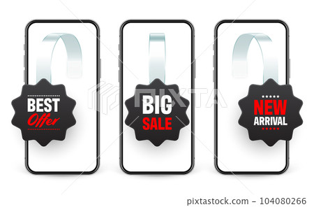 Supermarket promotional wobblers and smartphone. Realistic wobbler for shelf advertising. Sale or discount label with ad text. Special offer price tag. Online, web shop concept. Vector illustration 104080266