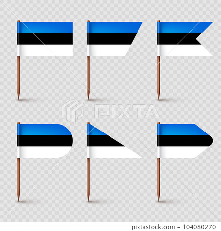 Realistic various Estonian toothpick flags. Souvenir from Estonia. Wooden toothpicks with paper flag. Location mark, map pointer. Blank mockup for advertising and promotions. Vector illustration Realistic various Estonian toothpick flags. Souvenir from Estonia. Wooden toothpicks with paper flag. Location mark, map pointer. Blank mockup for advertising and promotions. Vector illustration 104080270