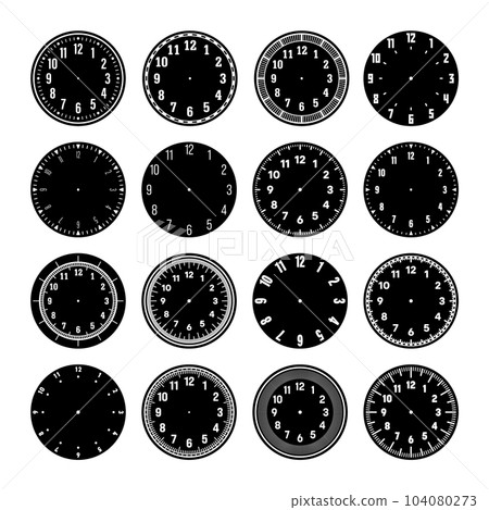 Mechanical clock faces, watch dial with numerals, bezel. Timer or stopwatch element with minute, hour marks and numbers. Blank measuring circle scale with divisions. Vector illustration Mechanical clock faces, watch dial with numerals, bezel. Timer or stopwatch element with minute, hour marks and numbers. Blank measuring circle scale with divisions. Vector illustration 104080273